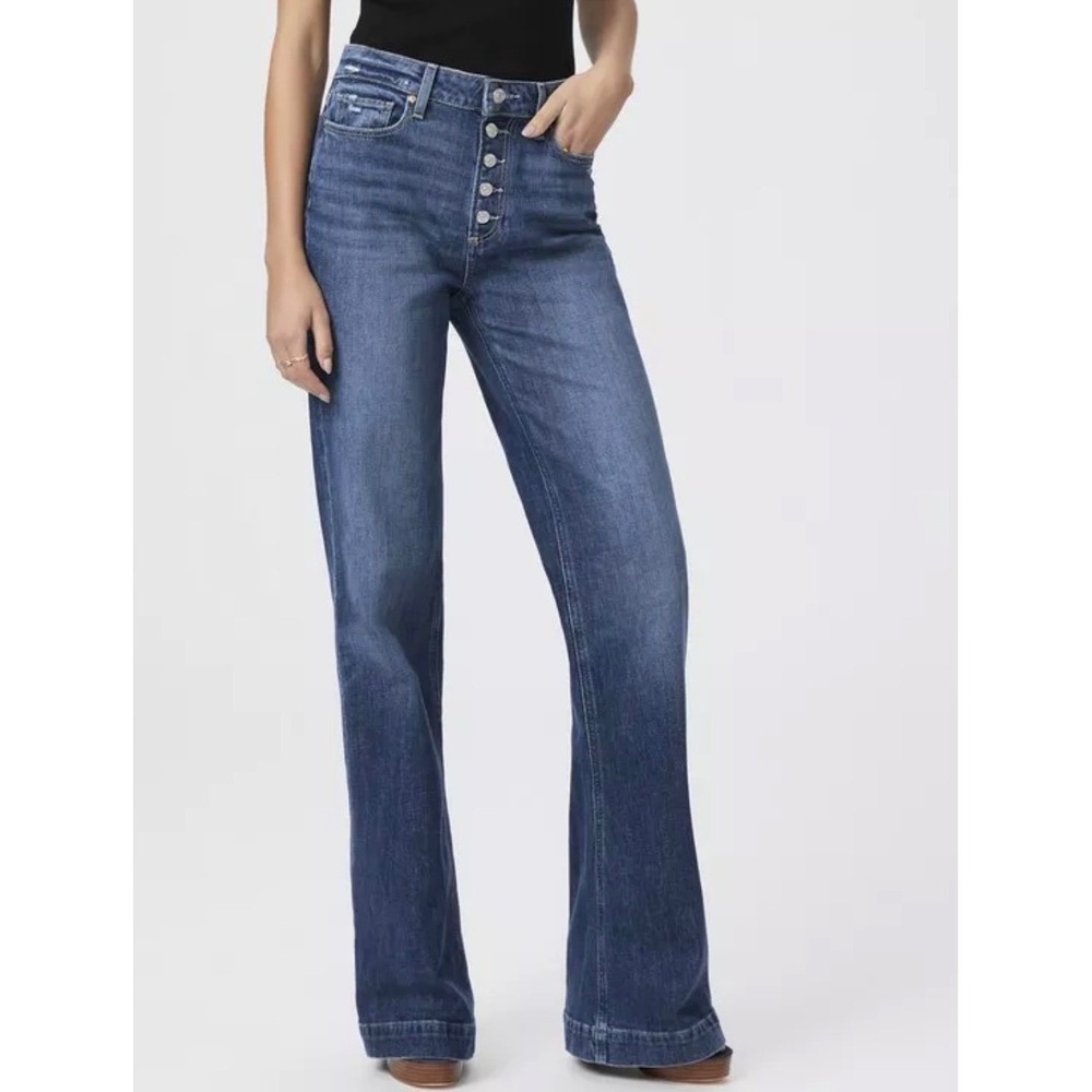 PAIGE Leenah High Rise Flare Jeans Exposed Button Fly Distressed Womens 24 Retro